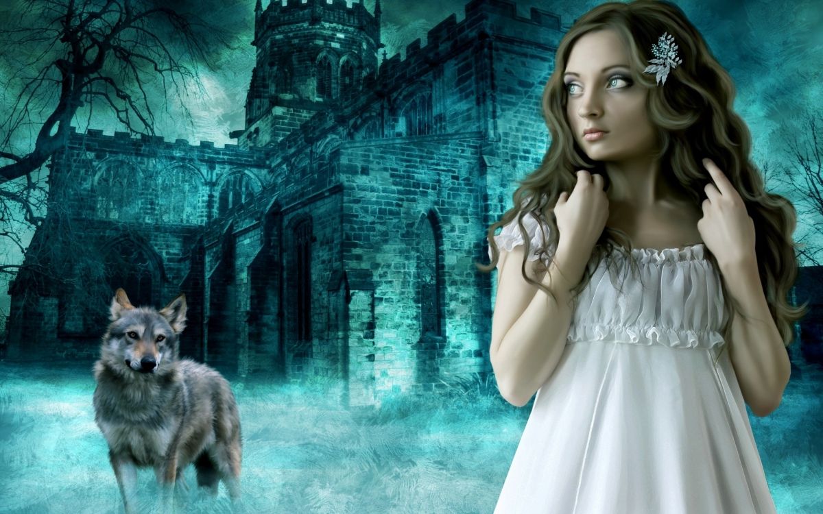 Woman in White Dress Standing Near Gray Wolf. Wallpaper in 1920x1200 Resolution