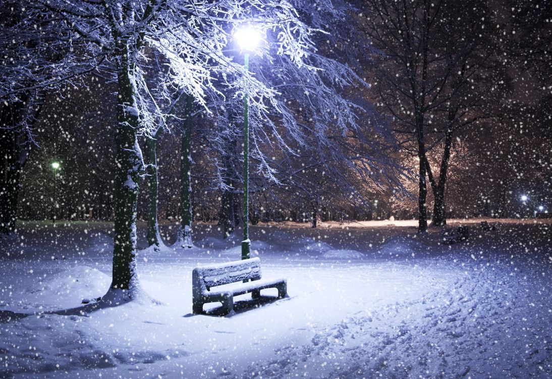 Brown Wooden Bench on Snow Covered Ground. Wallpaper in 5268x3609 Resolution