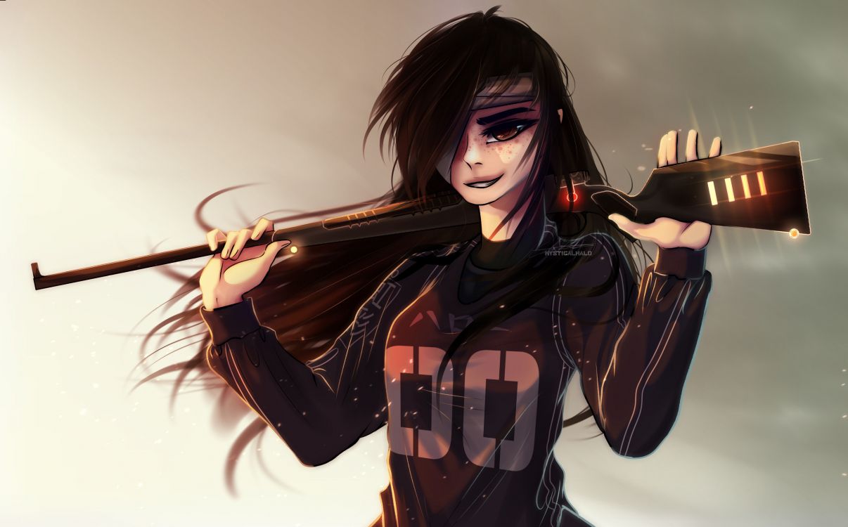 Frau in Schwarzer Lederjacke Mit Schwarzem Gewehr. Wallpaper in 2626x1632 Resolution